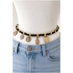 Gold‎ Chain Belt Necklace Black Woman's Charm Hearts Miraculous Medal 43" Chunky
